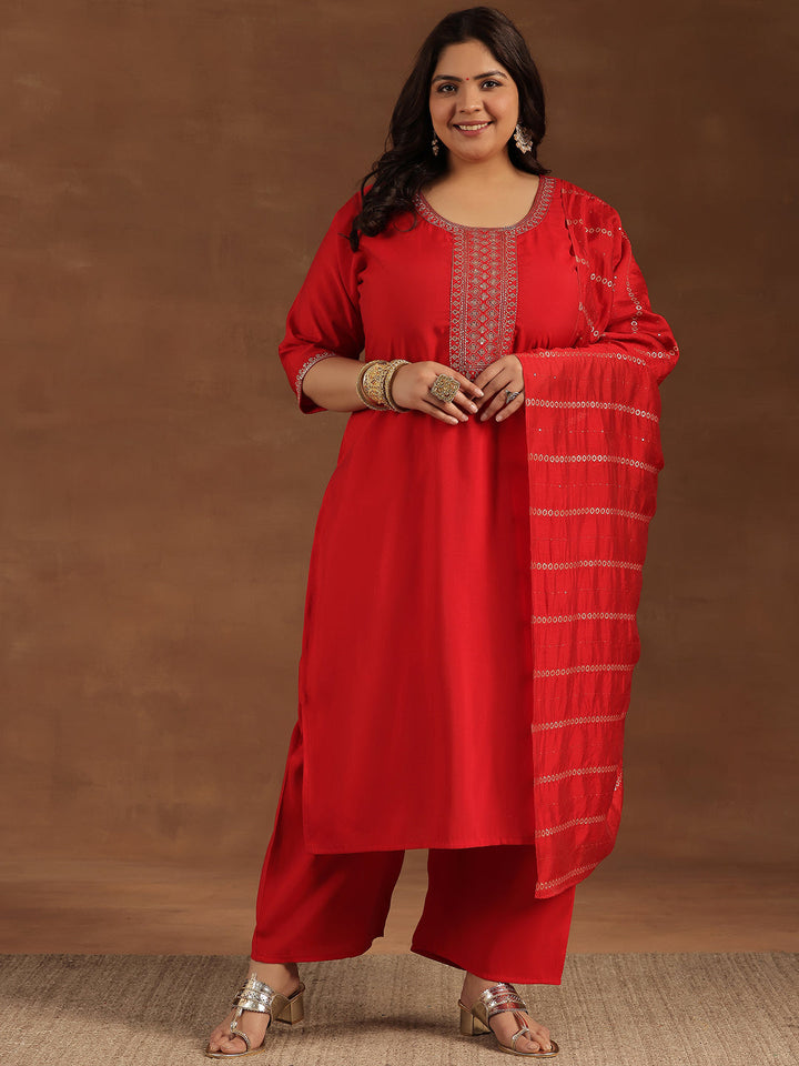 Plus Size Red Yoke Design Silk Blend Straight Suit With Dupatta