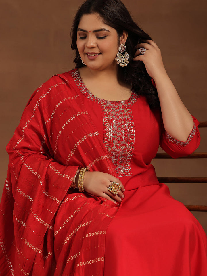 Plus Size Red Yoke Design Silk Blend Straight Suit With Dupatta