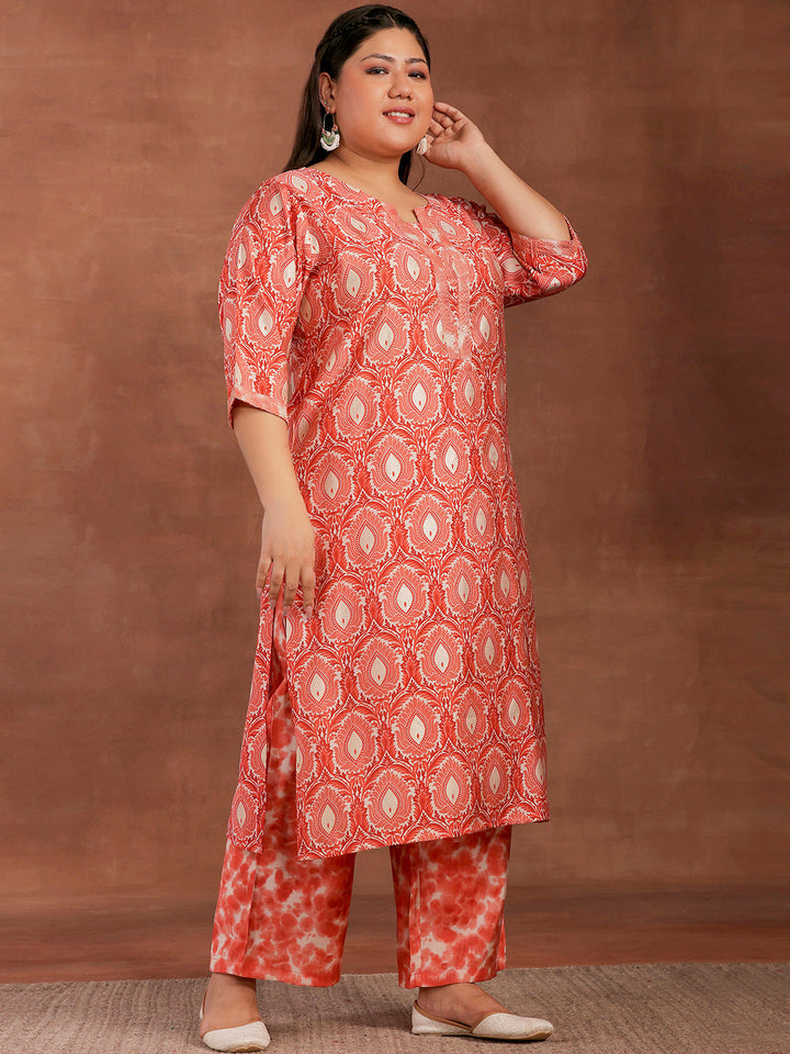 Plus Size Peach Printed Silk Blend Straight Kurta With Palazzos