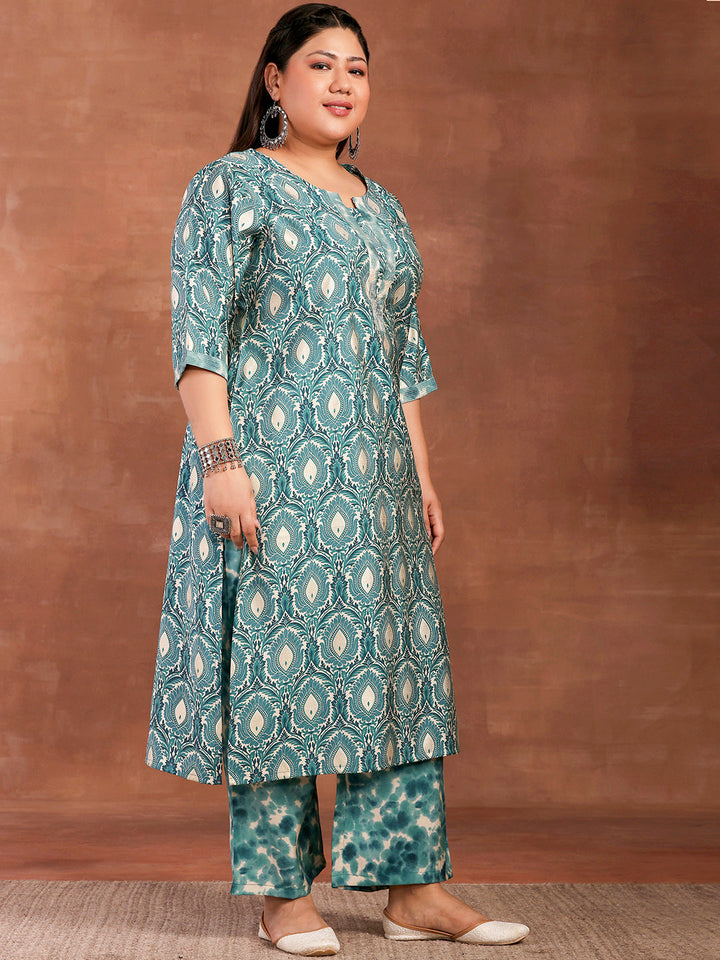 Plus Size Blue Printed Silk Blend Straight Kurta With Palazzos