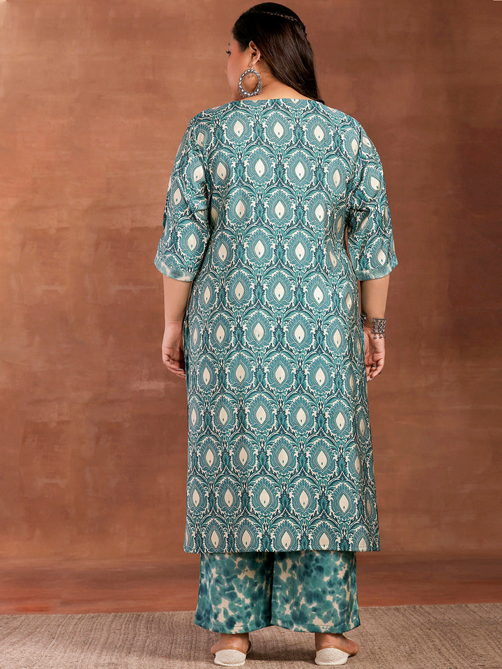 Plus Size Blue Printed Silk Blend Straight Kurta With Palazzos
