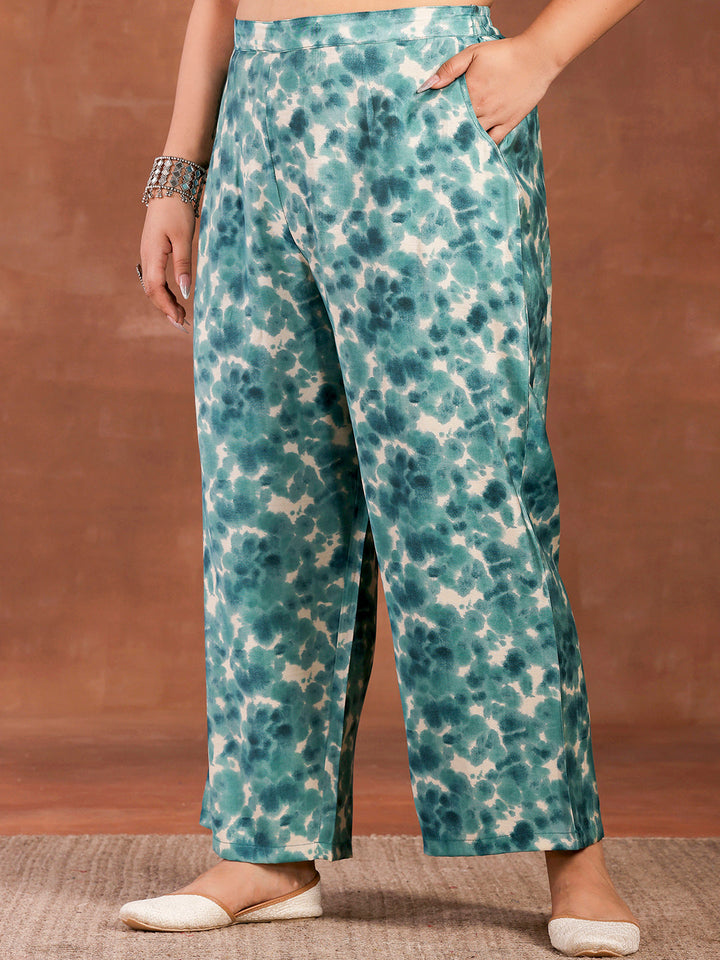 Plus Size Blue Printed Silk Blend Straight Kurta With Palazzos