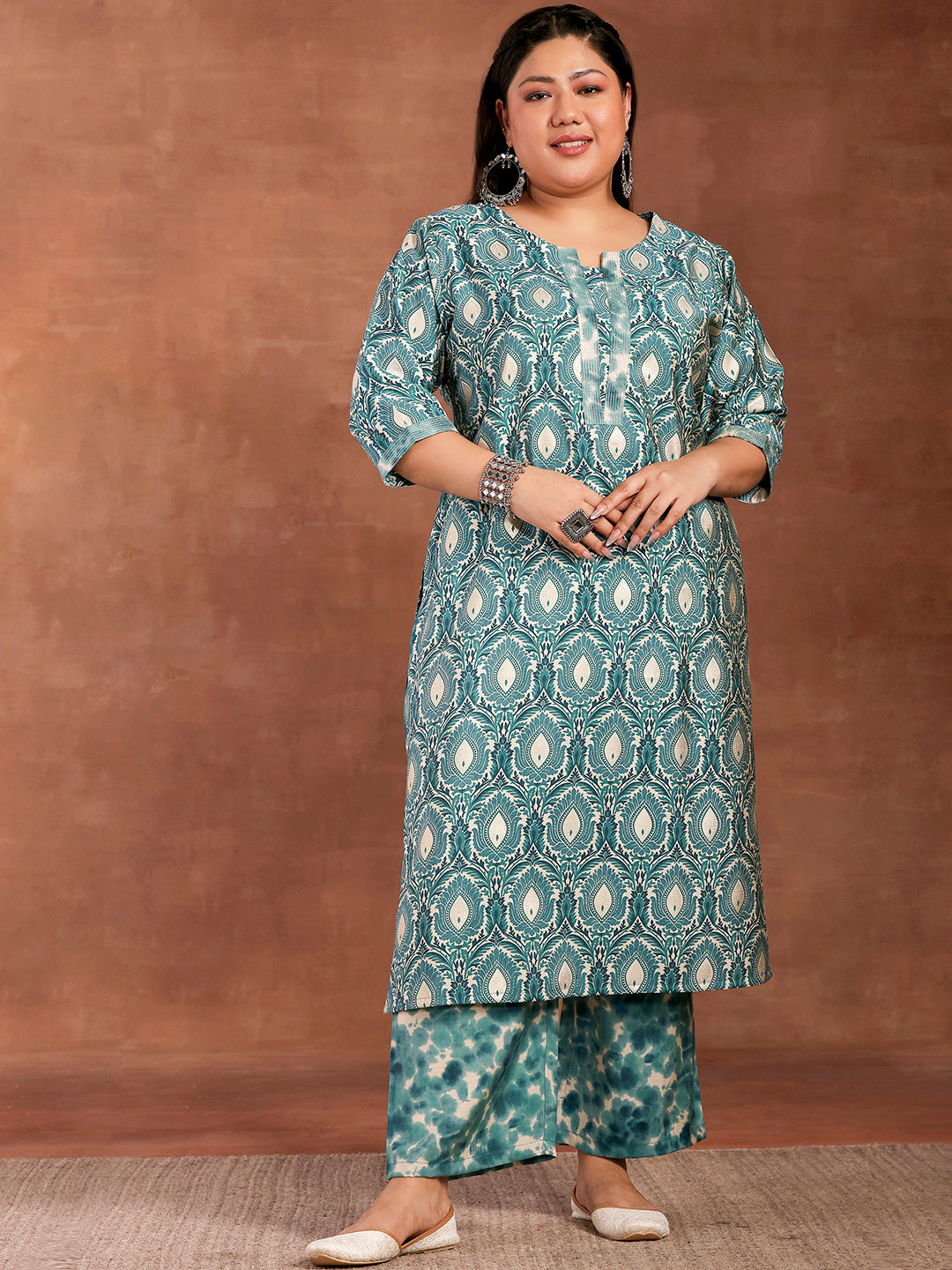 Plus Size Blue Printed Silk Blend Straight Kurta With Palazzos