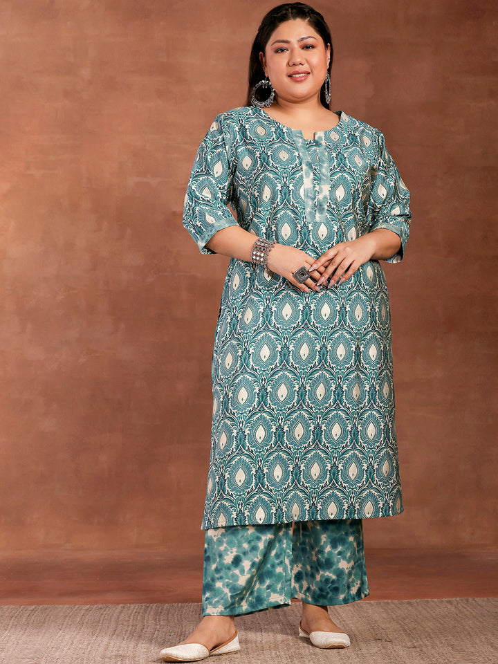 Plus Size Blue Printed Silk Blend Straight Kurta With Palazzos