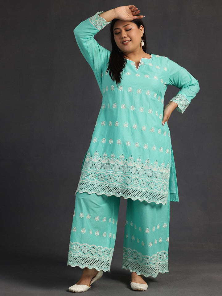 Plus Size Green Embroidered Cotton Co-Ords