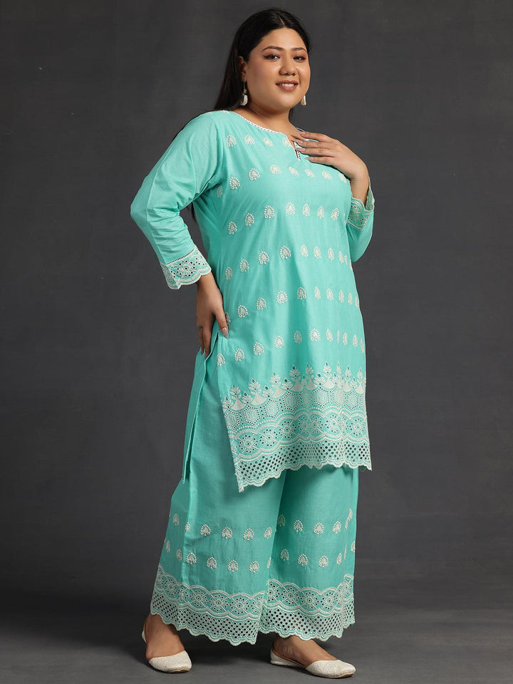 Plus Size Green Embroidered Cotton Co-Ords
