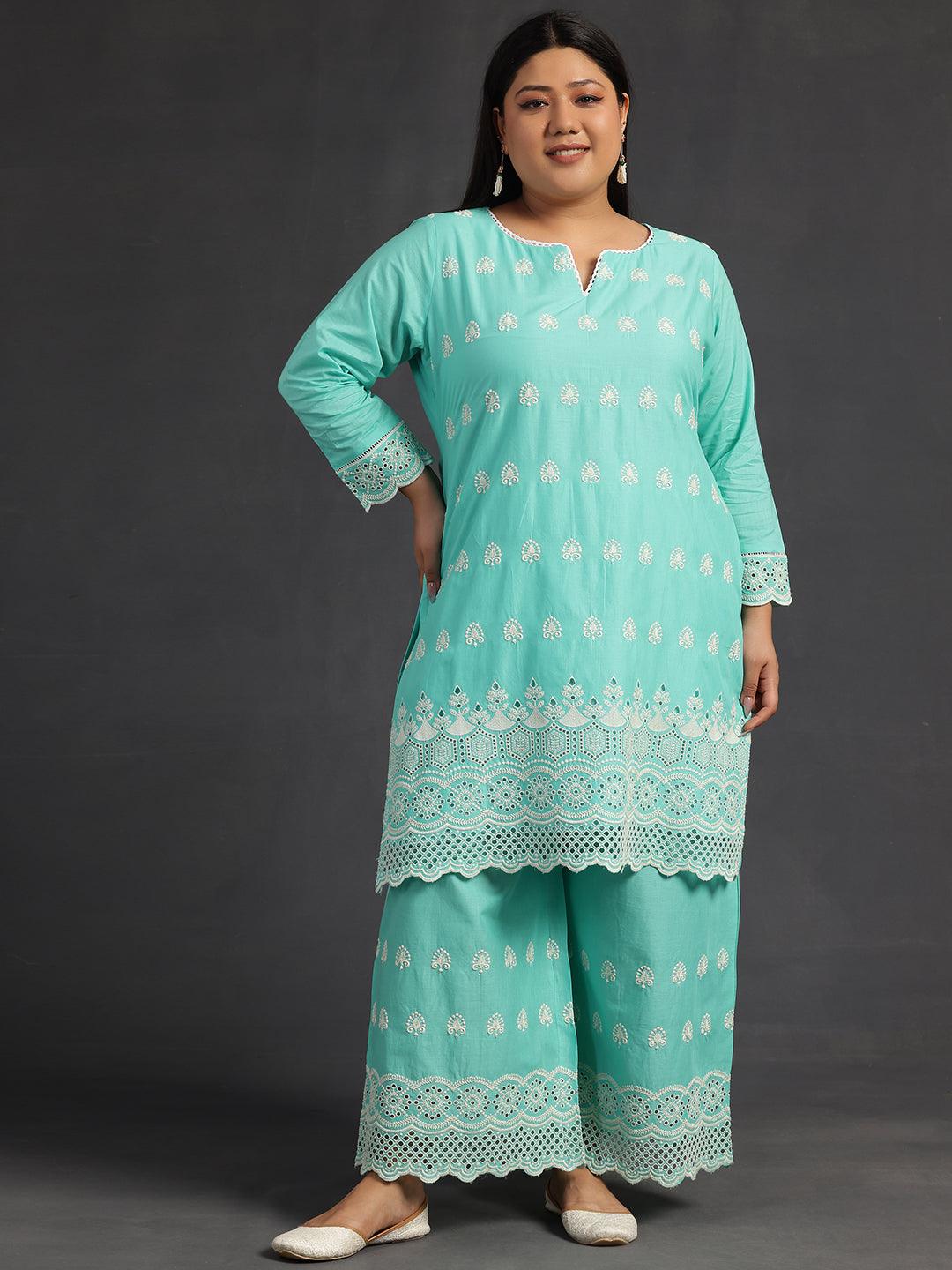 Plus Size Green Embroidered Cotton Co-Ords