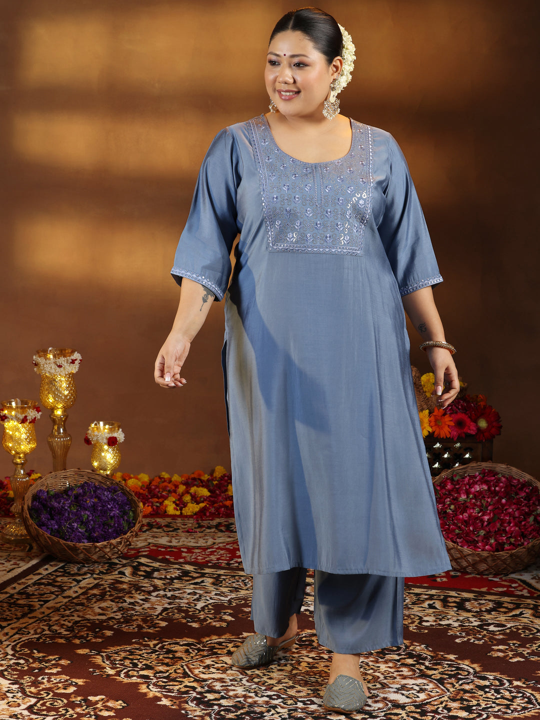Plus Size Grey Yoke Design Silk Blend Straight Kurta Set