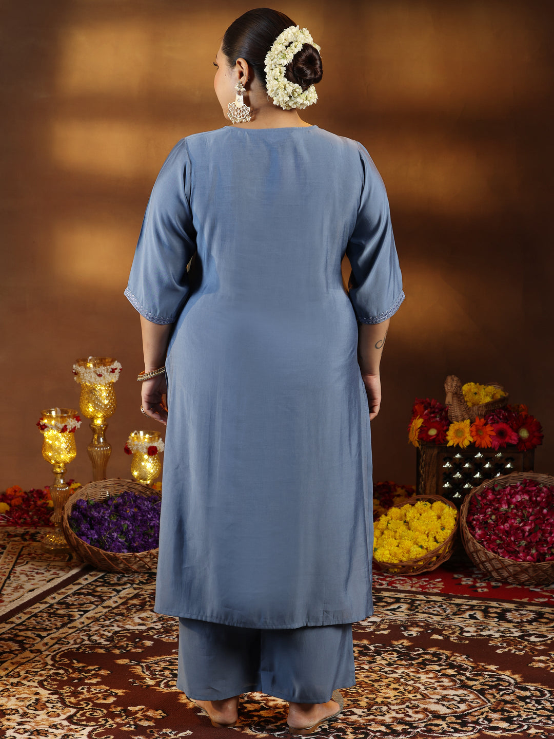 Plus Size Grey Yoke Design Silk Blend Straight Kurta Set