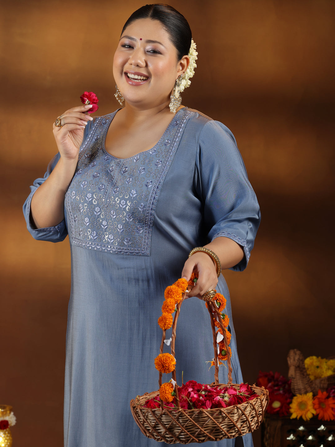 Plus Size Grey Yoke Design Silk Blend Straight Kurta Set