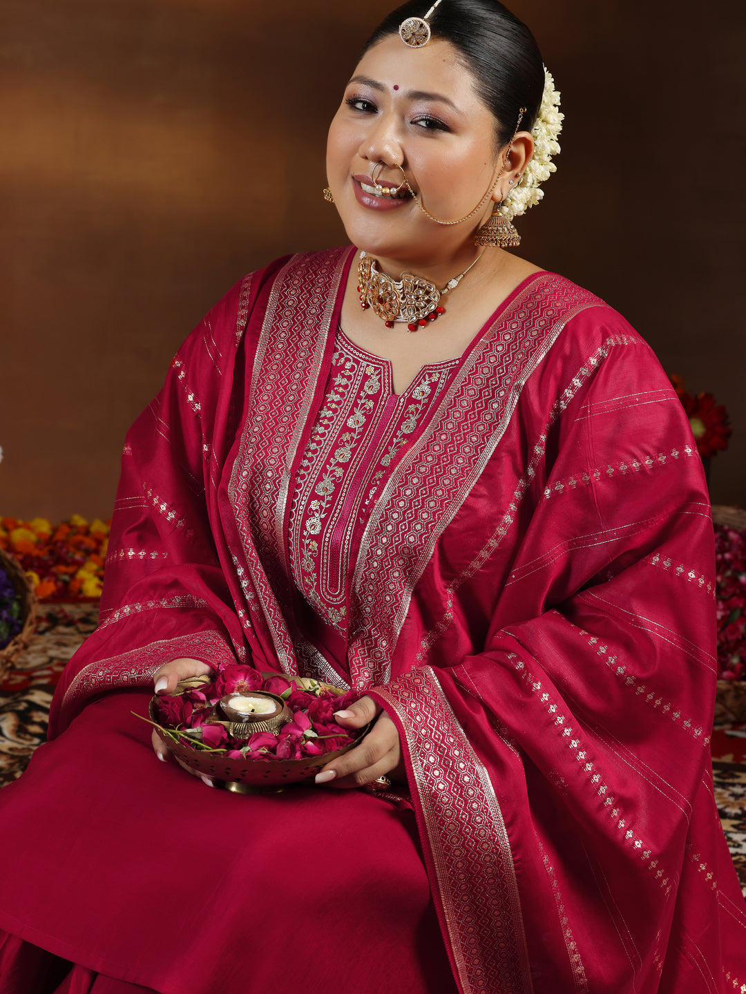 Plus Size Red Yoke Design Silk Blend Straight Suit With Dupatta