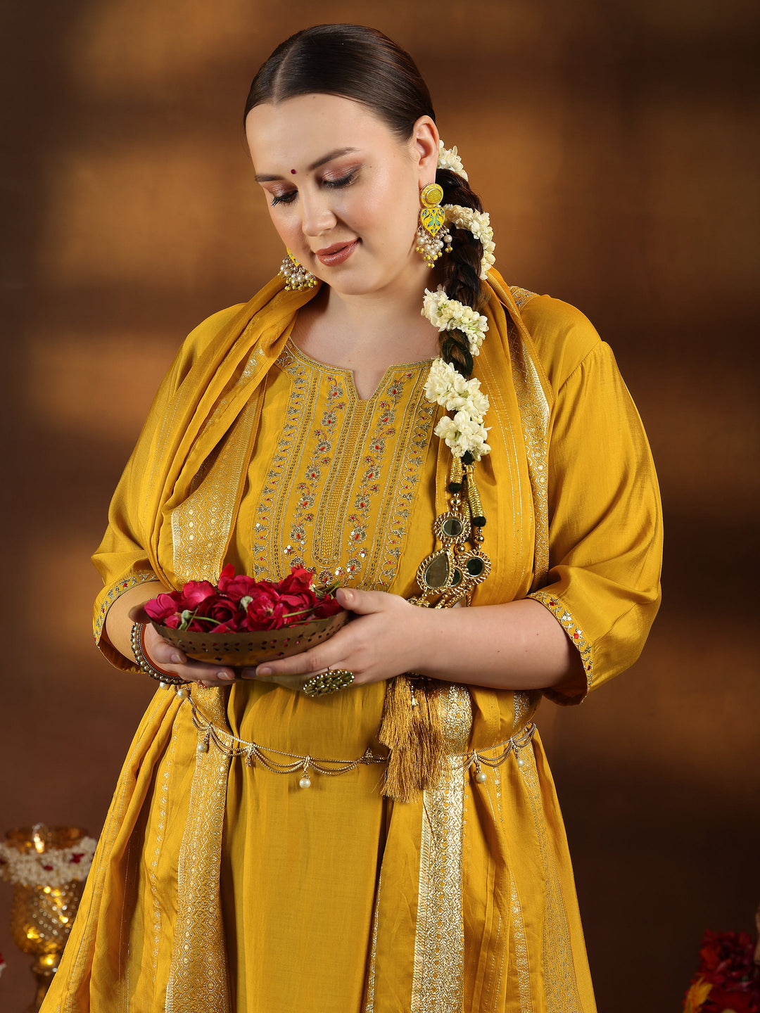 Plus Size Yellow Yoke Design Silk Blend Straight Suit With Dupatta