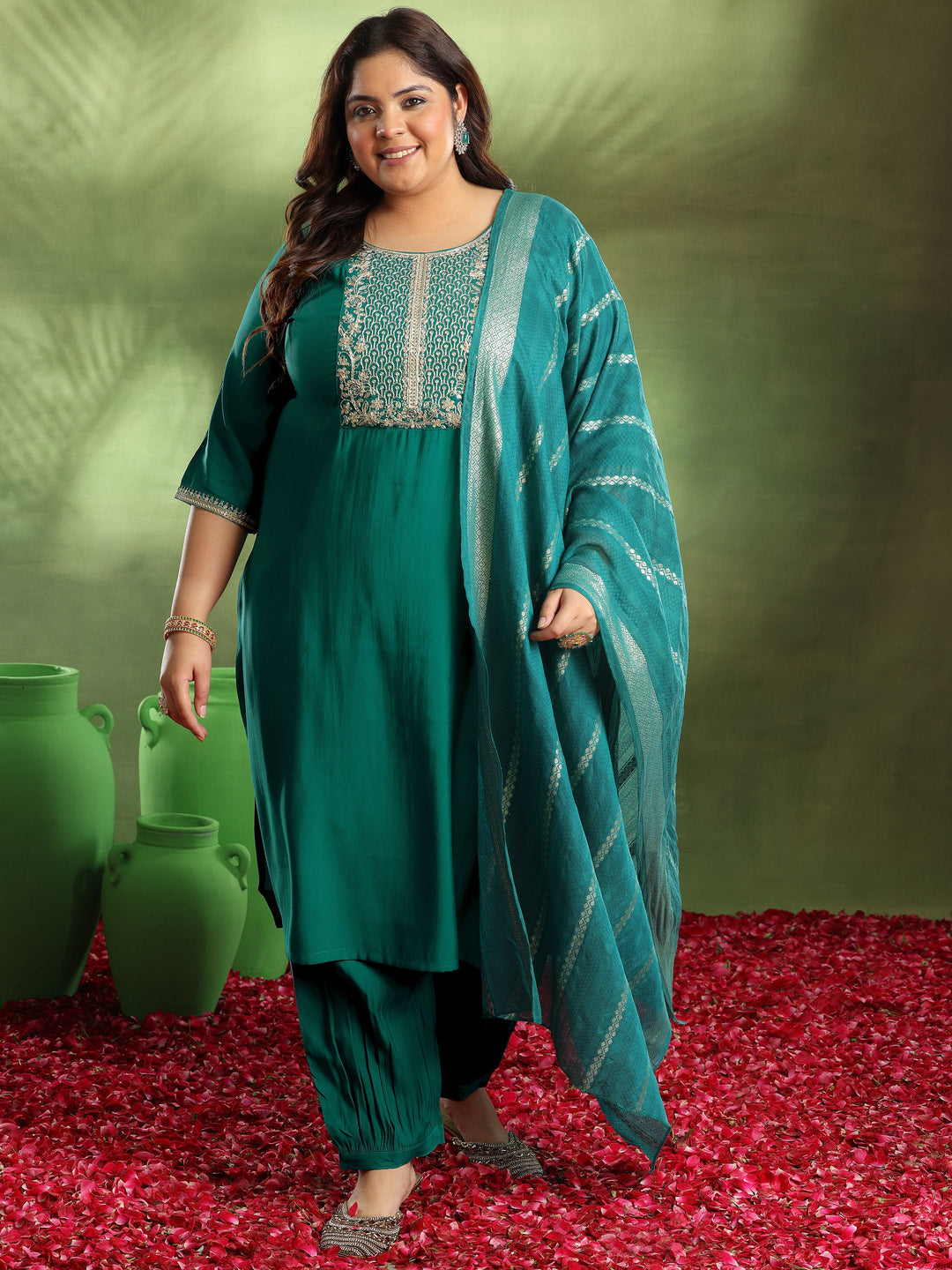Plus Size Green Yoke Design Silk Blend Straight Suit With Dupatta