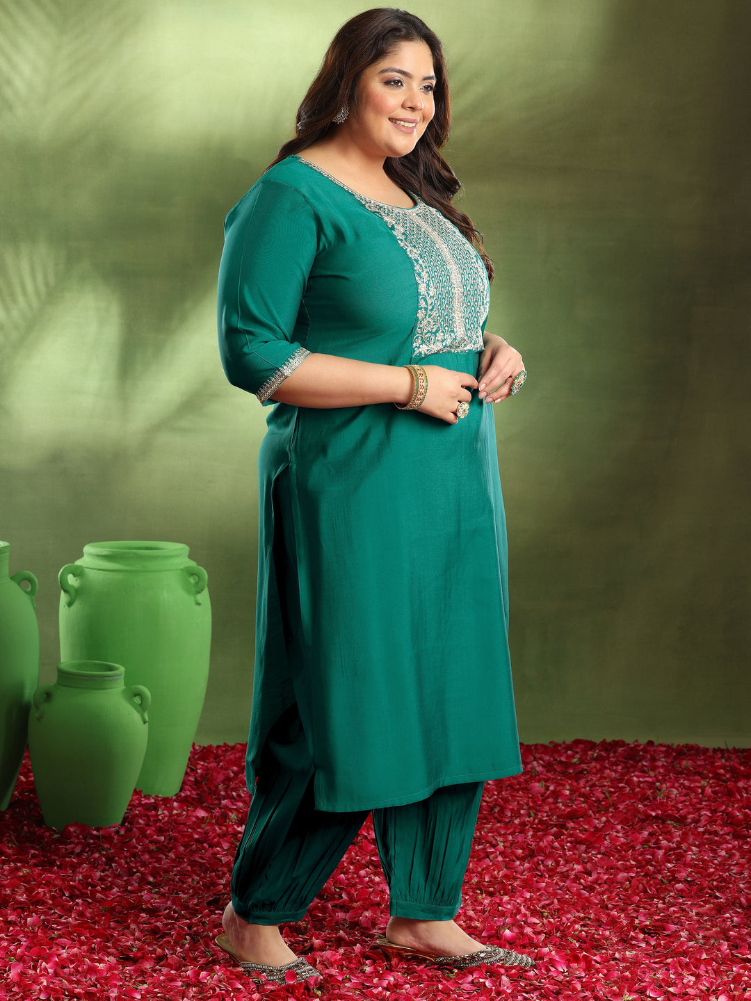 Plus Size Green Yoke Design Silk Blend Straight Suit With Dupatta