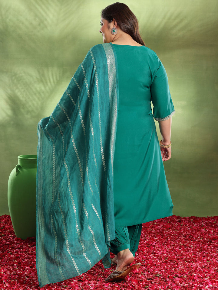 Plus Size Green Yoke Design Silk Blend Straight Suit With Dupatta