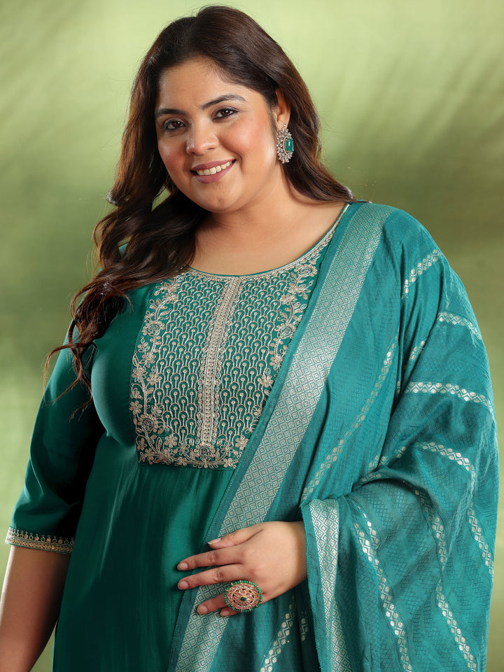 Plus Size Green Yoke Design Silk Blend Straight Suit With Dupatta