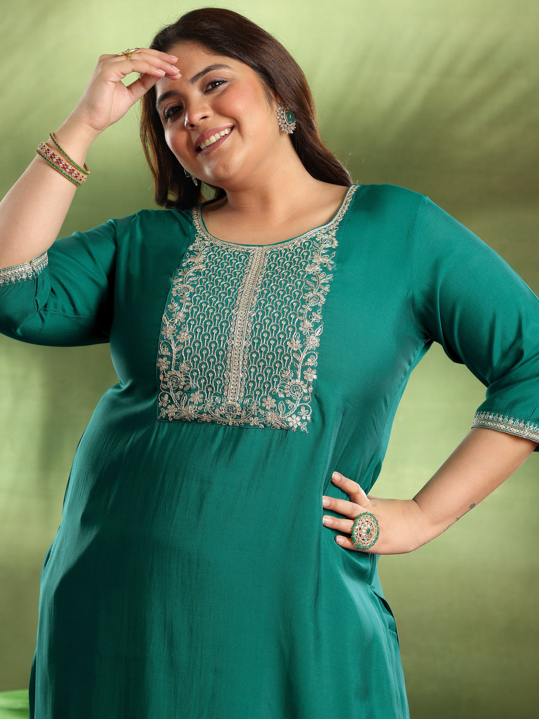 Plus Size Green Yoke Design Silk Blend Straight Suit With Dupatta