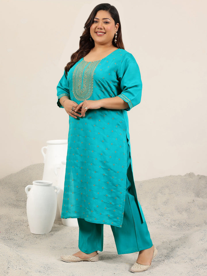 Plus Size Teal Yoke Design Silk Blend Straight Suit With Dupatta