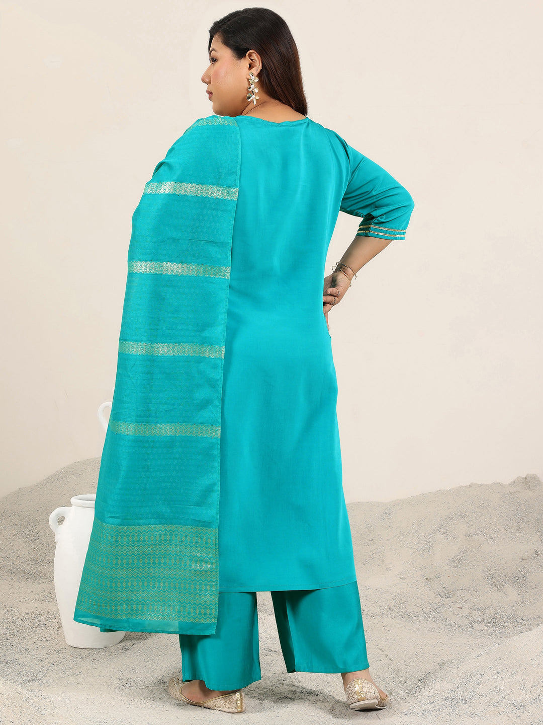 Plus Size Teal Yoke Design Silk Blend Straight Suit With Dupatta