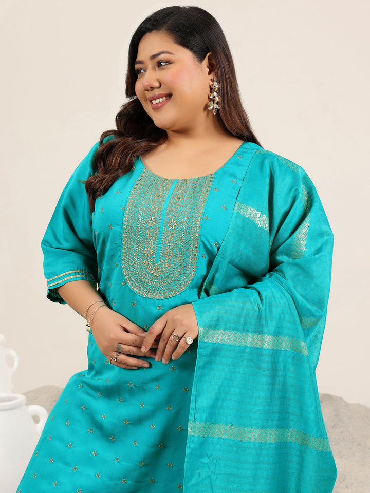 Plus Size Teal Yoke Design Silk Blend Straight Suit With Dupatta