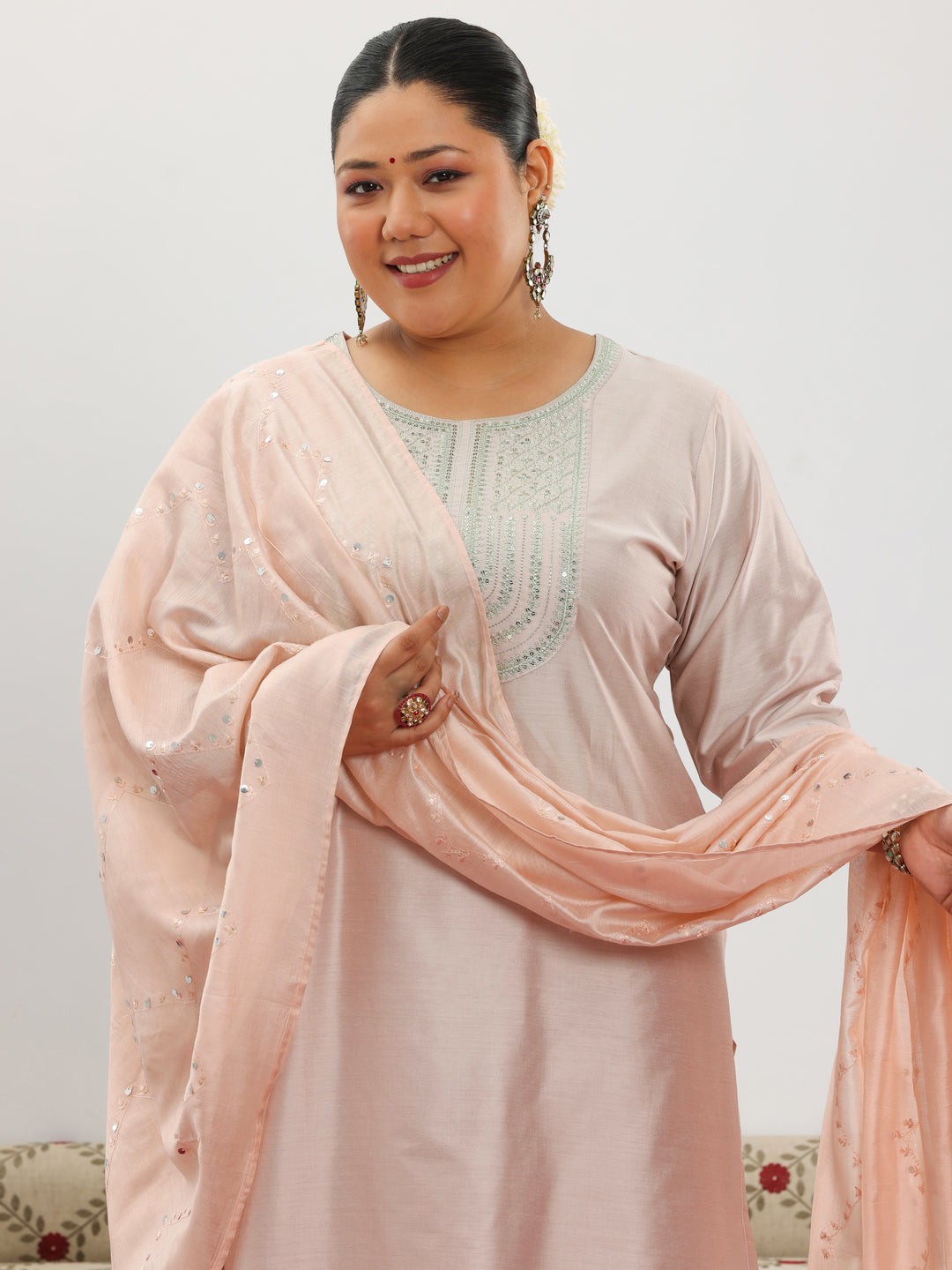 Plus Size Pink Yoke Design Silk Blend Straight Suit With Dupatta