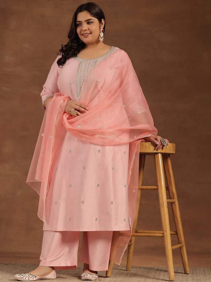 Plus Size Pink Embroidered Silk Blend Straight Suit With Dupatta