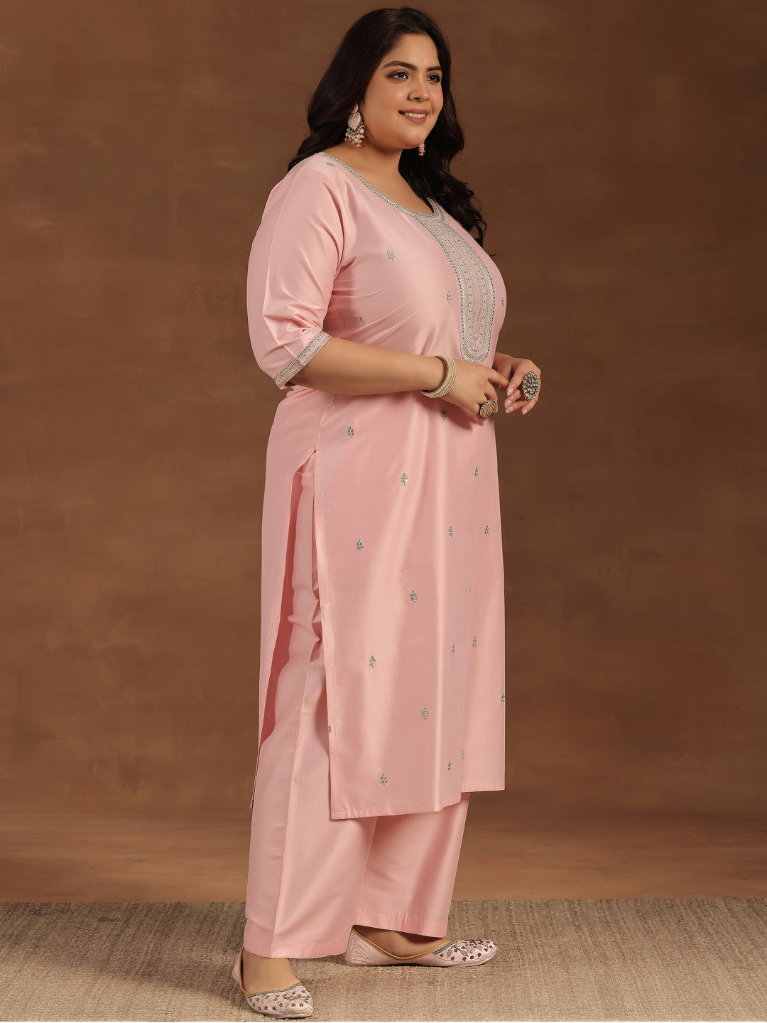Plus Size Pink Embroidered Silk Blend Straight Suit With Dupatta