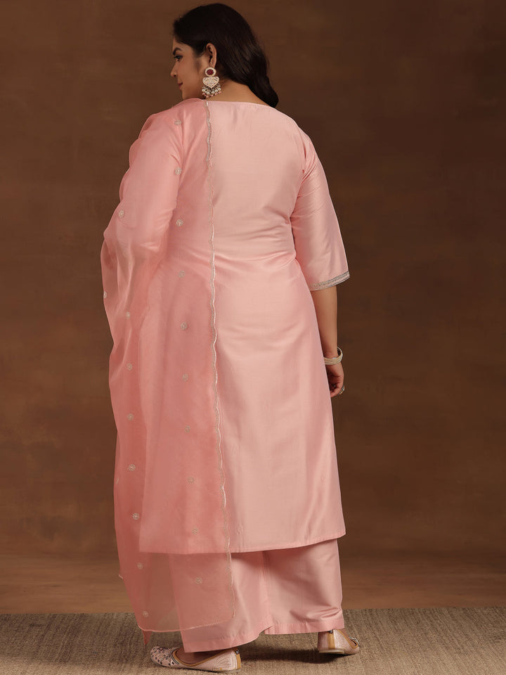 Plus Size Pink Embroidered Silk Blend Straight Suit With Dupatta