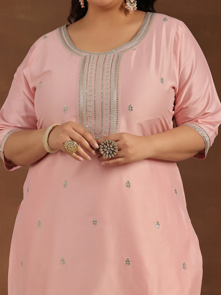 Plus Size Pink Embroidered Silk Blend Straight Suit With Dupatta