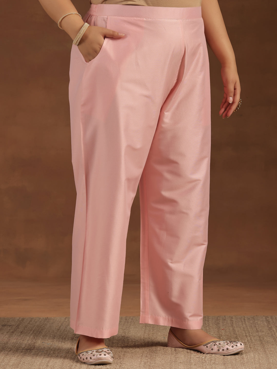Plus Size Pink Embroidered Silk Blend Straight Suit With Dupatta