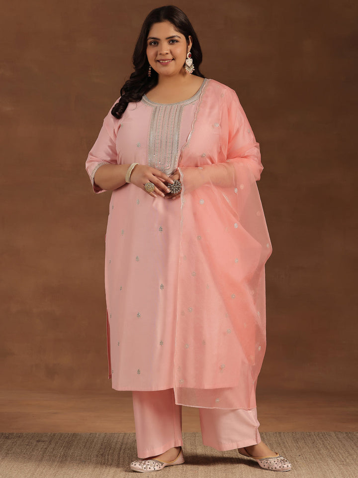 Plus Size Pink Embroidered Silk Blend Straight Suit With Dupatta