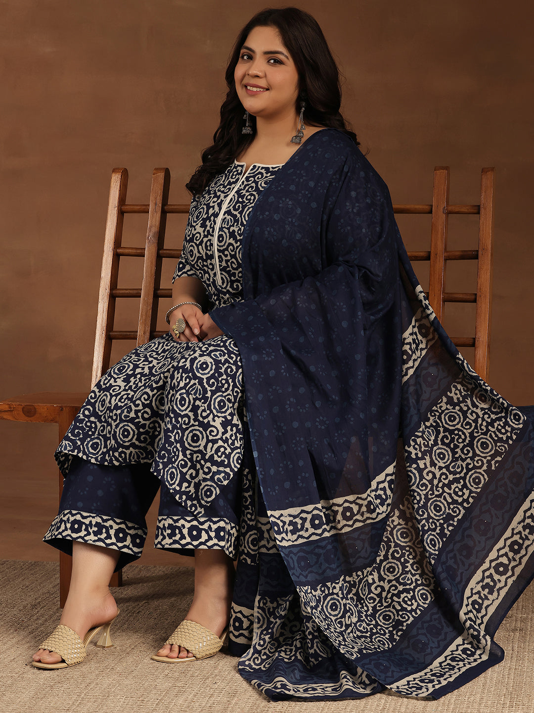 Plus Size Blue Printed Cotton Straight Suit With Dupatta