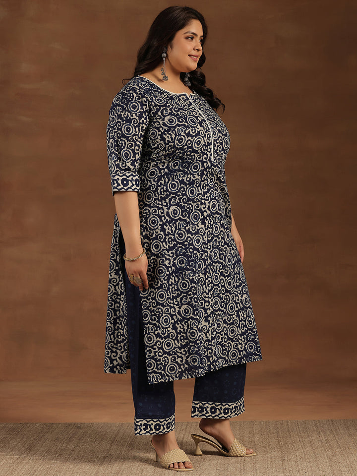 Plus Size Blue Printed Cotton Straight Suit With Dupatta