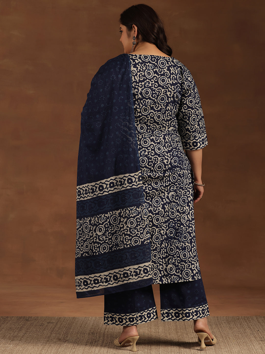 Plus Size Blue Printed Cotton Straight Suit With Dupatta
