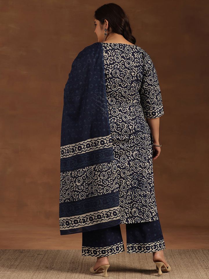 Plus Size Blue Printed Cotton Straight Suit With Dupatta