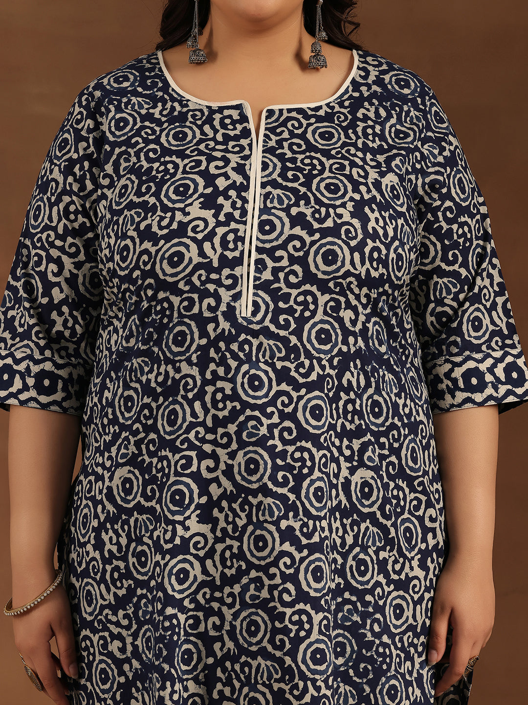 Plus Size Blue Printed Cotton Straight Suit With Dupatta