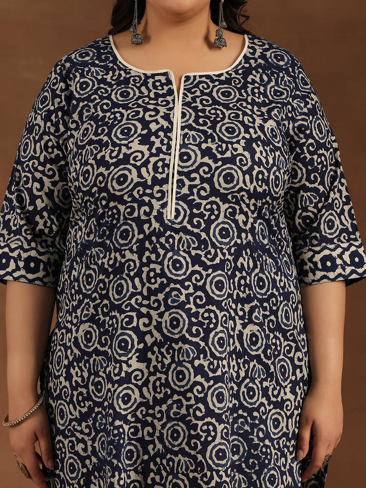 Plus Size Blue Printed Cotton Straight Suit With Dupatta