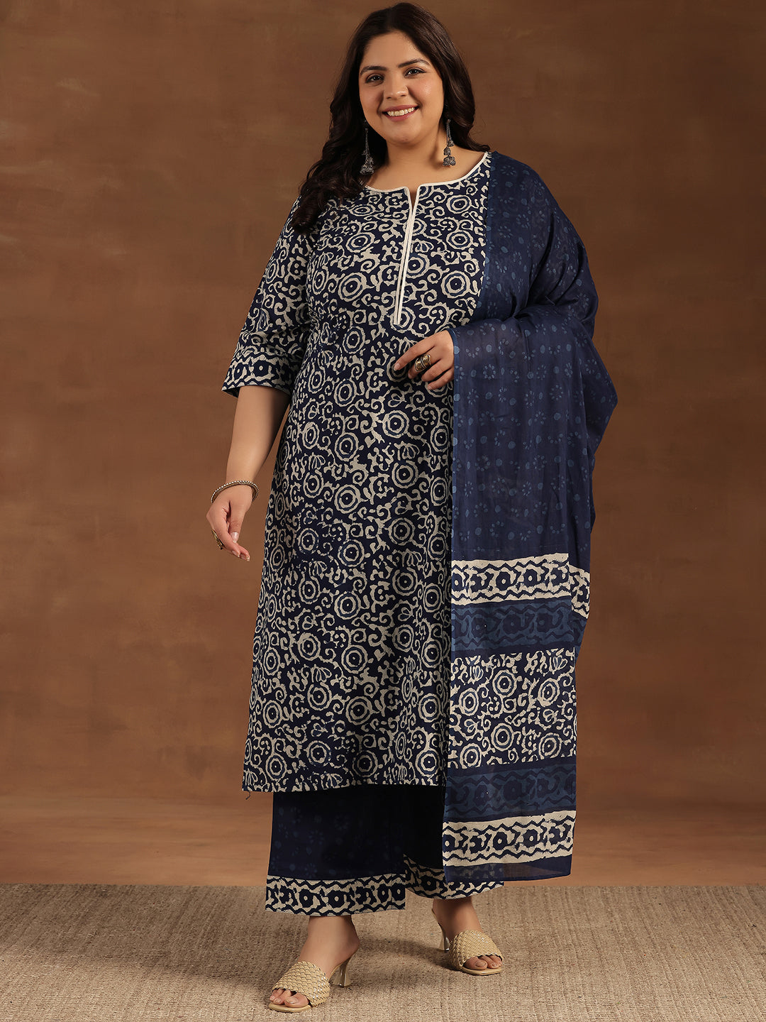Plus Size Blue Printed Cotton Straight Suit With Dupatta