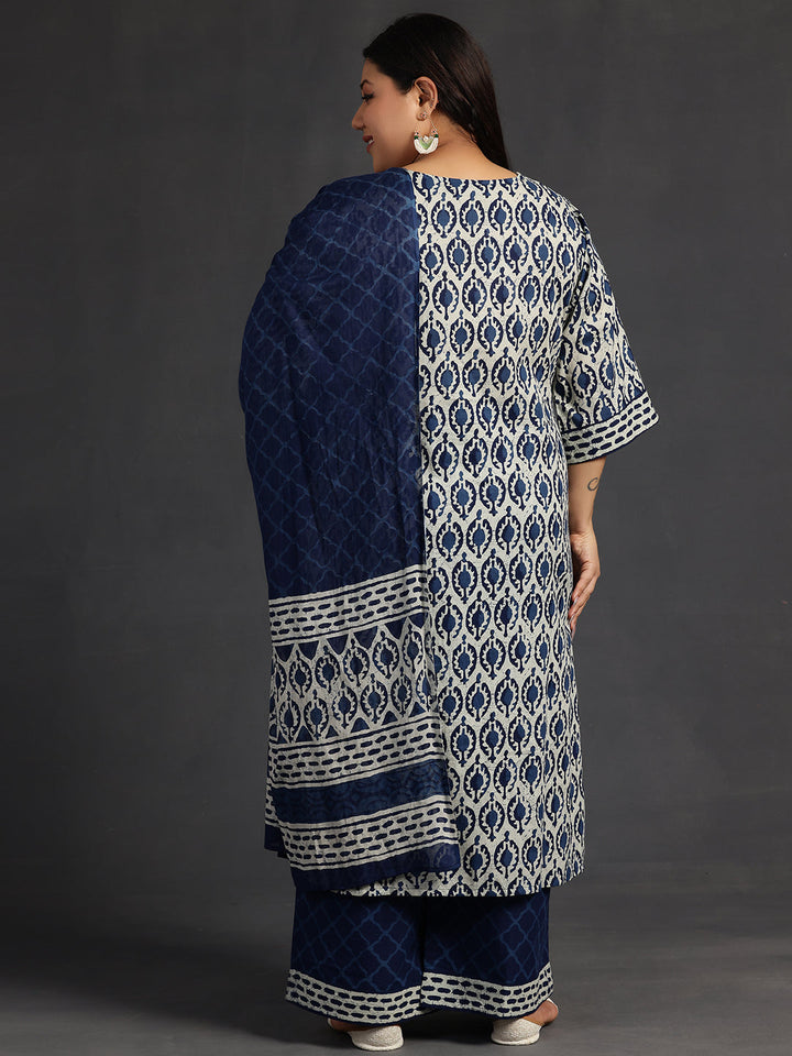 Plus Size Blue Printed Cotton Straight Suit With Dupatta