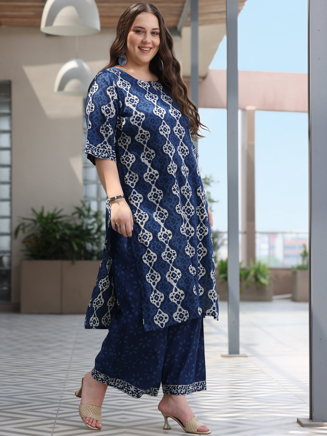 Plus Size Blue Printed Cotton Straight Suit With Dupatta