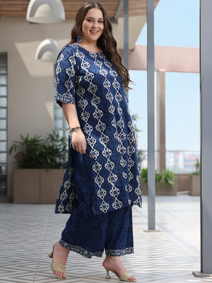 Plus Size Blue Printed Cotton Straight Suit With Dupatta