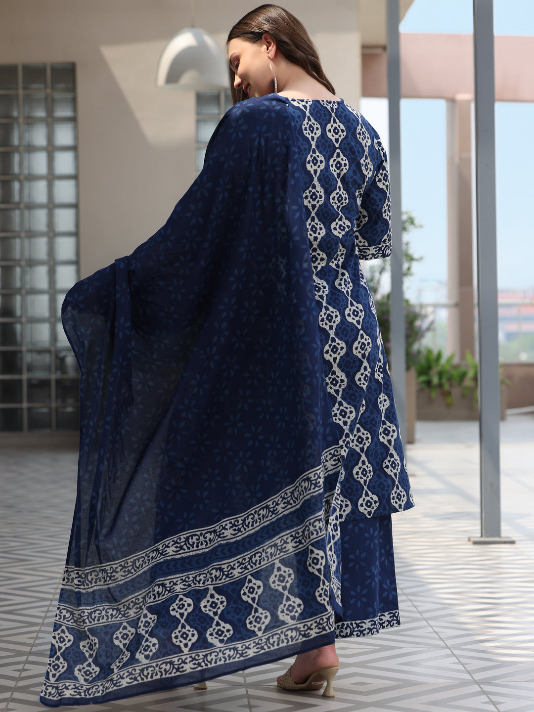 Plus Size Blue Printed Cotton Straight Suit With Dupatta