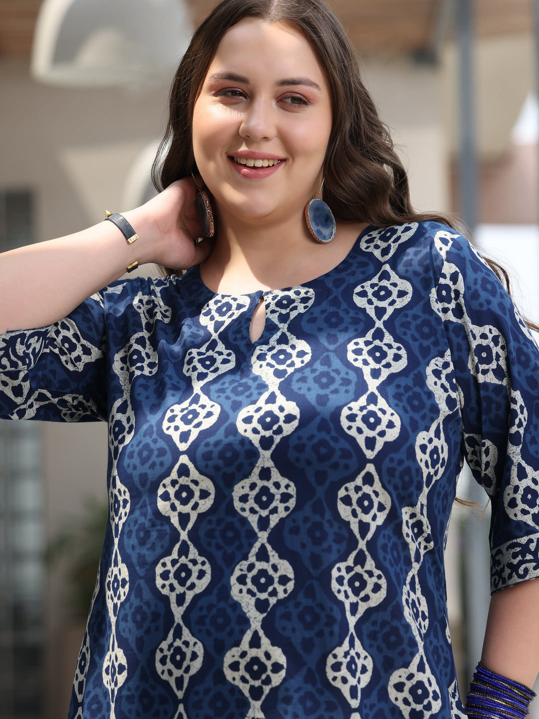 Plus Size Blue Printed Cotton Straight Suit With Dupatta