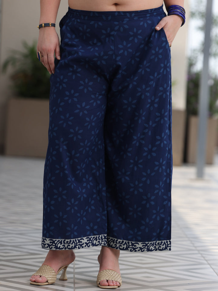 Plus Size Blue Printed Cotton Straight Suit With Dupatta