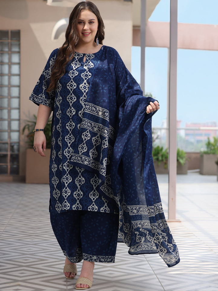 Plus Size Blue Printed Cotton Straight Suit With Dupatta
