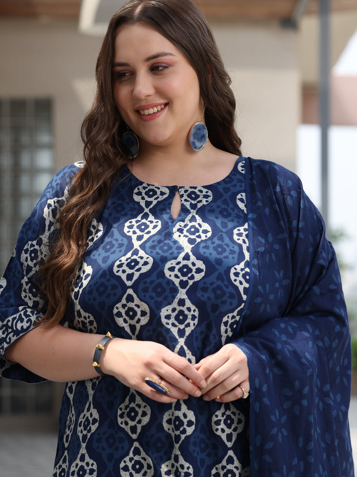 Plus Size Blue Printed Cotton Straight Suit With Dupatta
