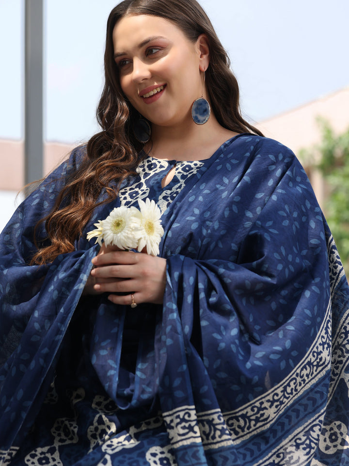Plus Size Blue Printed Cotton Straight Suit With Dupatta
