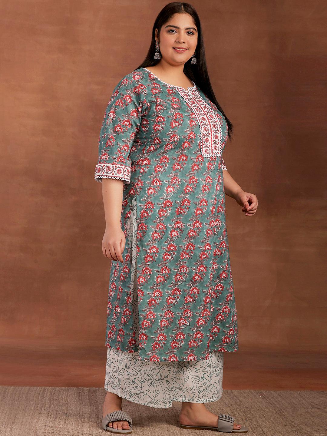 Plus Size Green Printed Cotton Straight Kurta With Palazzos