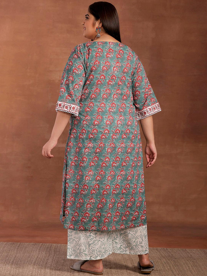 Plus Size Green Printed Cotton Straight Kurta With Palazzos