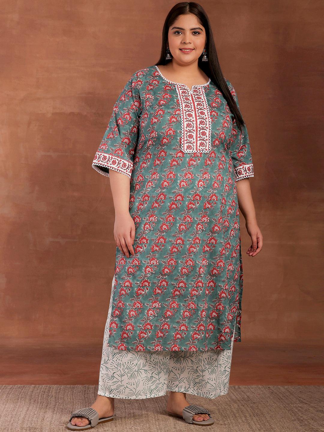 Plus Size Green Printed Cotton Straight Kurta With Palazzos